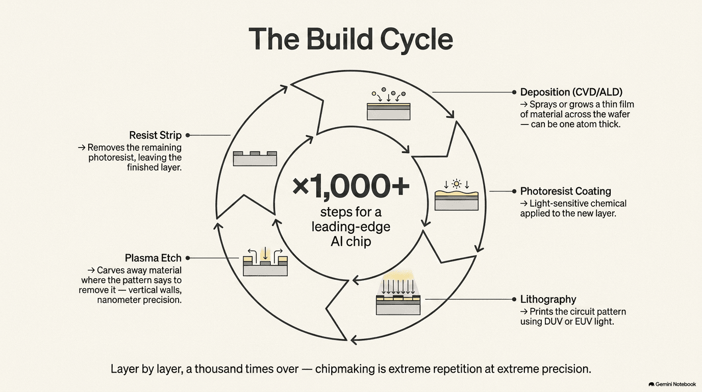 The build cycle — circular loop of deposition, photoresist coating, lithography, plasma etch, and resist strip, repeated 1000+ times