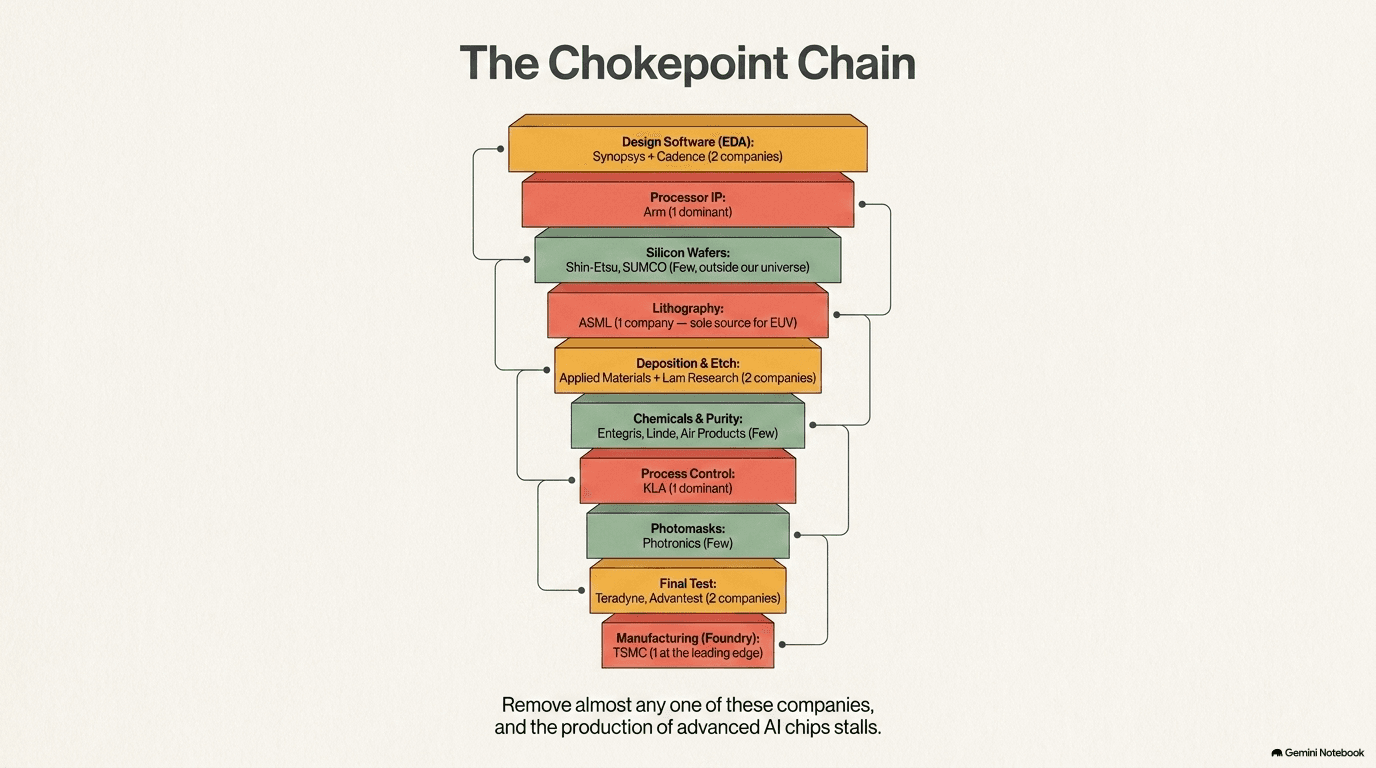 The chokepoint chain — vertical flow showing each chipmaking step and number of viable suppliers, with sole-source steps highlighted in red