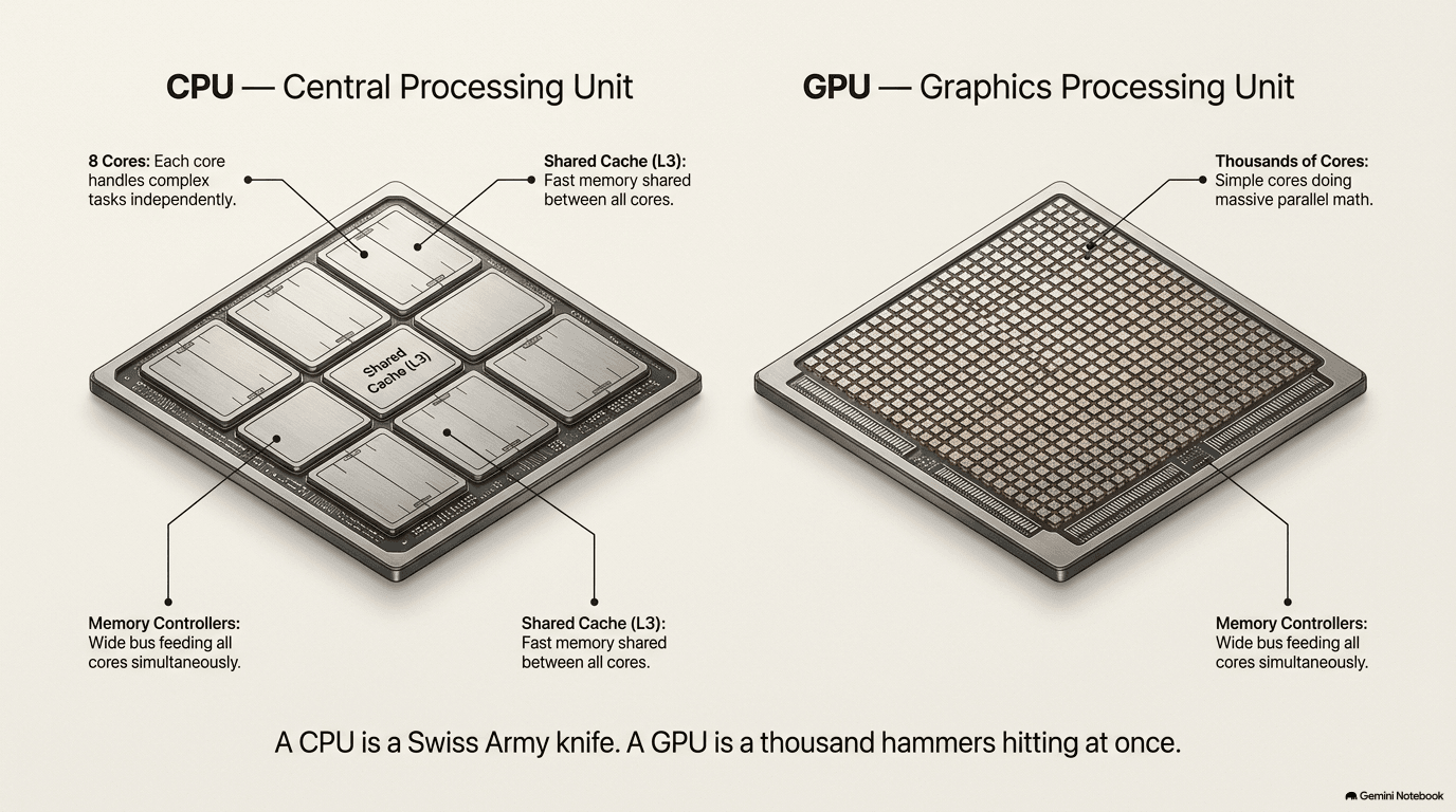 CPU vs GPU — a CPU with 8 large cores next to a GPU with thousands of small cores