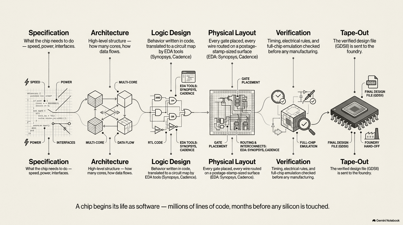 Chip design flow from specification through architecture, logic design, physical layout, verification, to tape-out