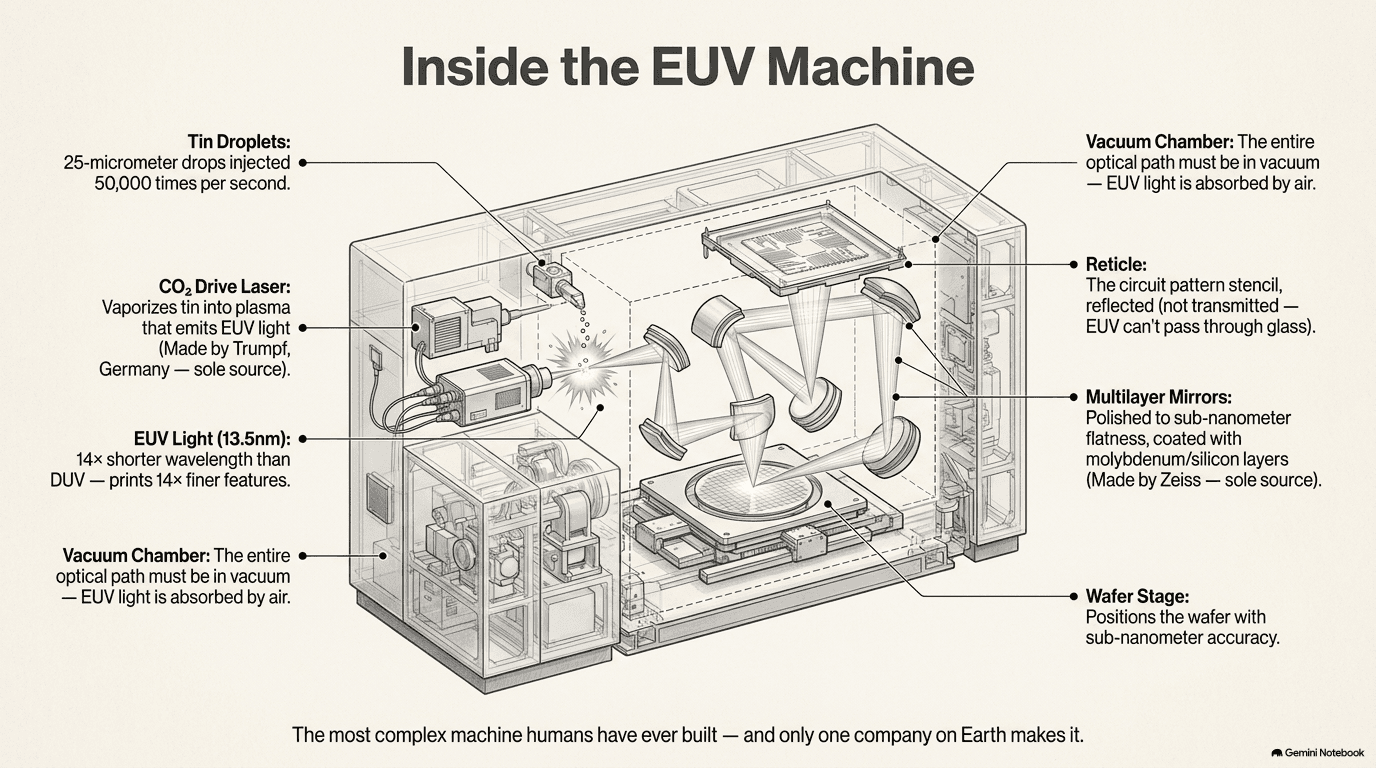 Inside the EUV machine — cutaway showing tin droplets, CO2 laser by Trumpf, multilayer mirrors by Zeiss, reticle, and wafer stage