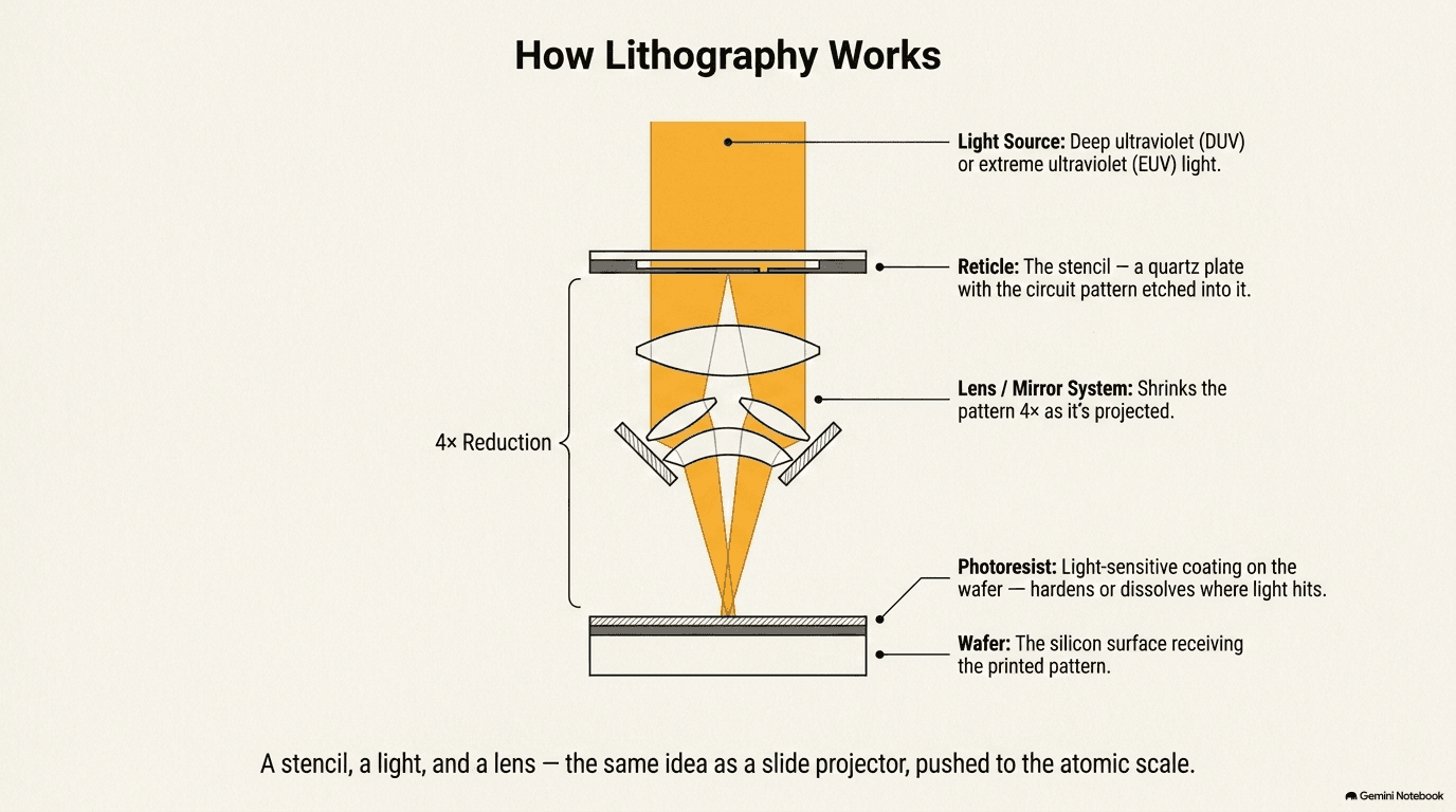 How lithography works — light source through reticle and lens system projecting pattern onto wafer with 4x reduction