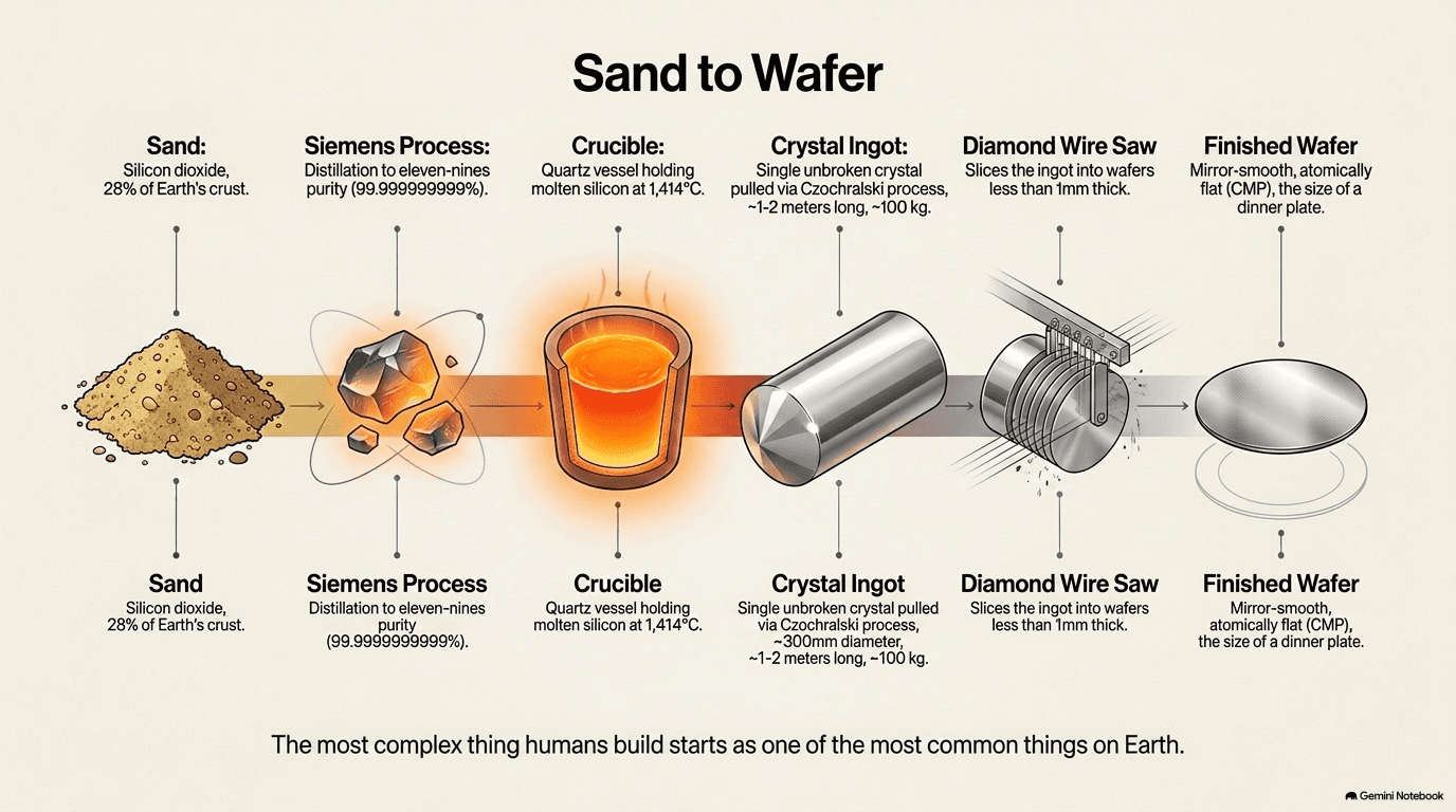 Sand to wafer process — sand, Siemens purification, crucible, crystal ingot, diamond wire saw, finished wafer