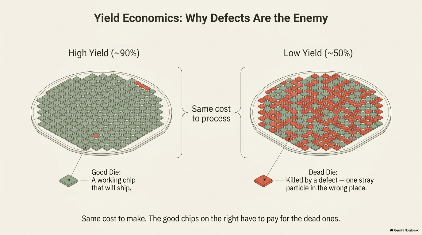 Yield economics — two wafers side by side, high yield with mostly good dies versus low yield with many dead dies