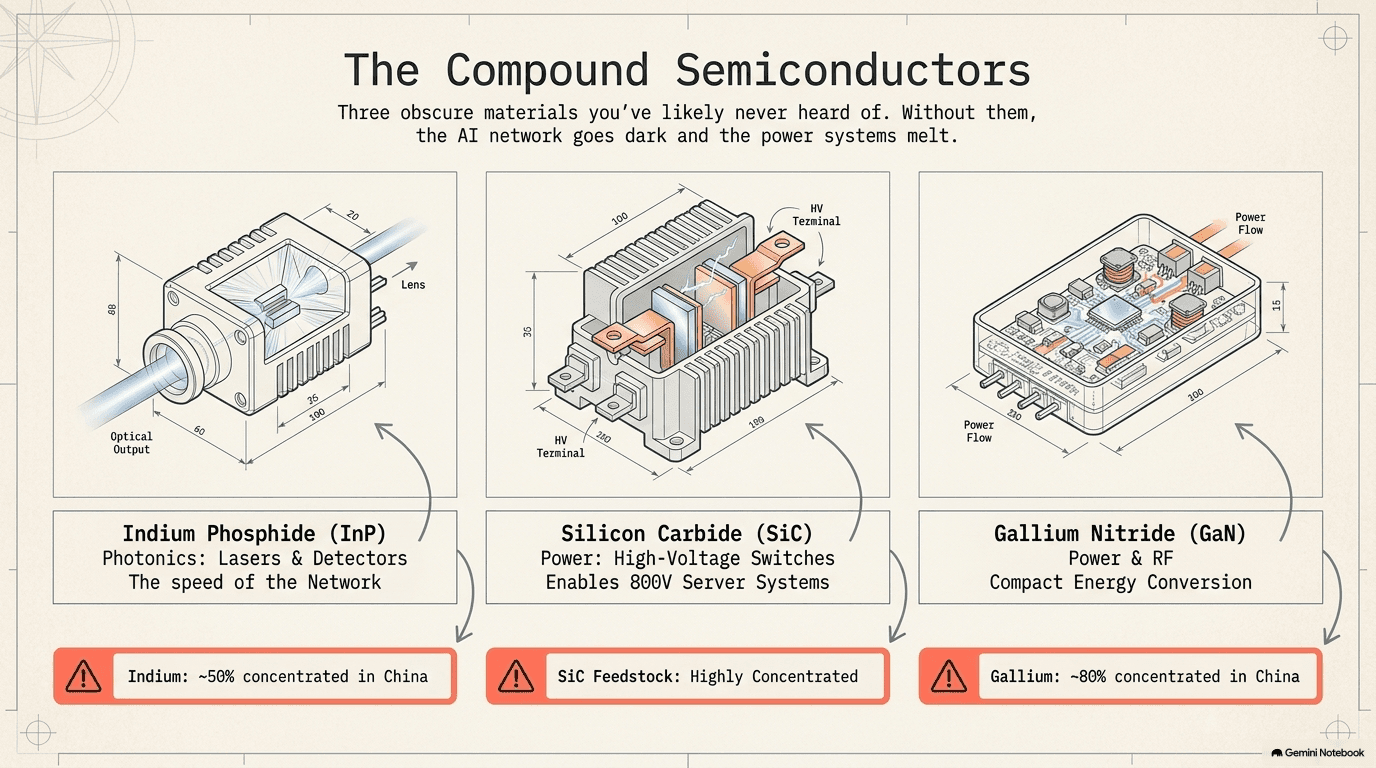 Three compound semiconductor devices side by side — an indium phosphide laser diode for photonics with optical output, a silicon carbide high-voltage power switch with heat sink for 800V server systems, and a gallium nitride compact power converter — each with a warning bar showing geographic concentration of their raw materials in China
