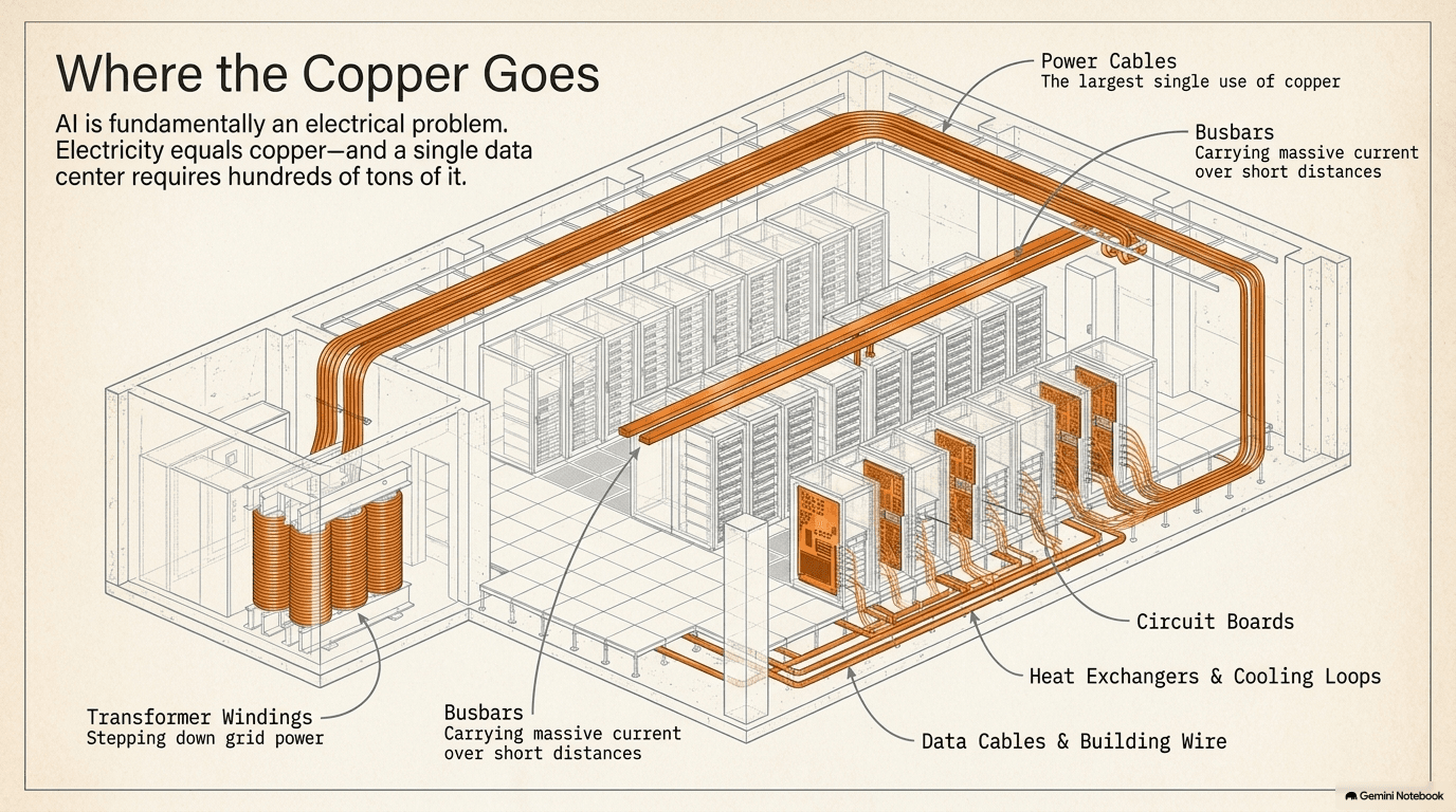 Isometric cutaway of a data center showing where copper goes — thick orange power cables as the largest single use running along the ceiling, transformer windings stepping down grid power, busbars carrying massive current over short distances, circuit boards, heat exchangers and cooling loops, and data cables and building wire throughout the facility