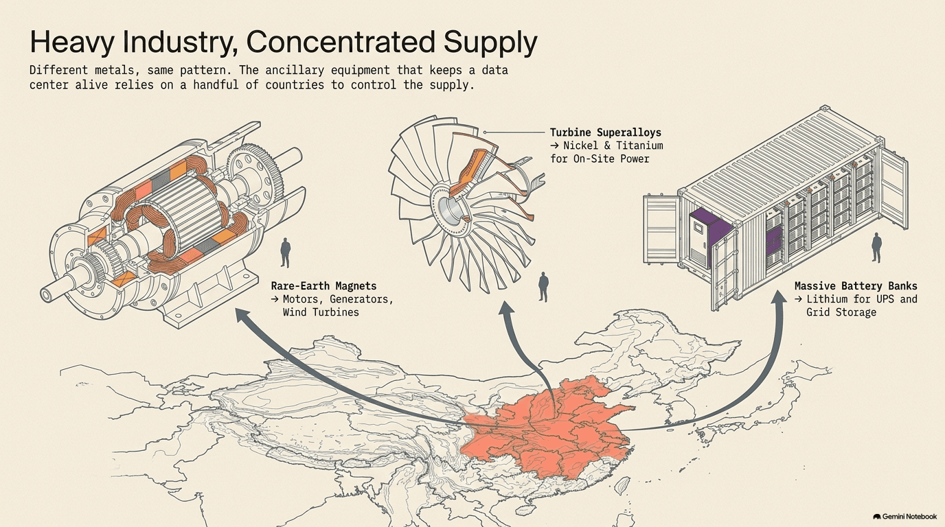 Three isometric illustrations showing heavy industry components — a cutaway electric motor with rare-earth magnets and copper windings, a gas turbine with nickel and titanium superalloy blades, and a massive containerized battery bank for UPS and grid storage — all connected by arrows to a map of China highlighting concentrated supply