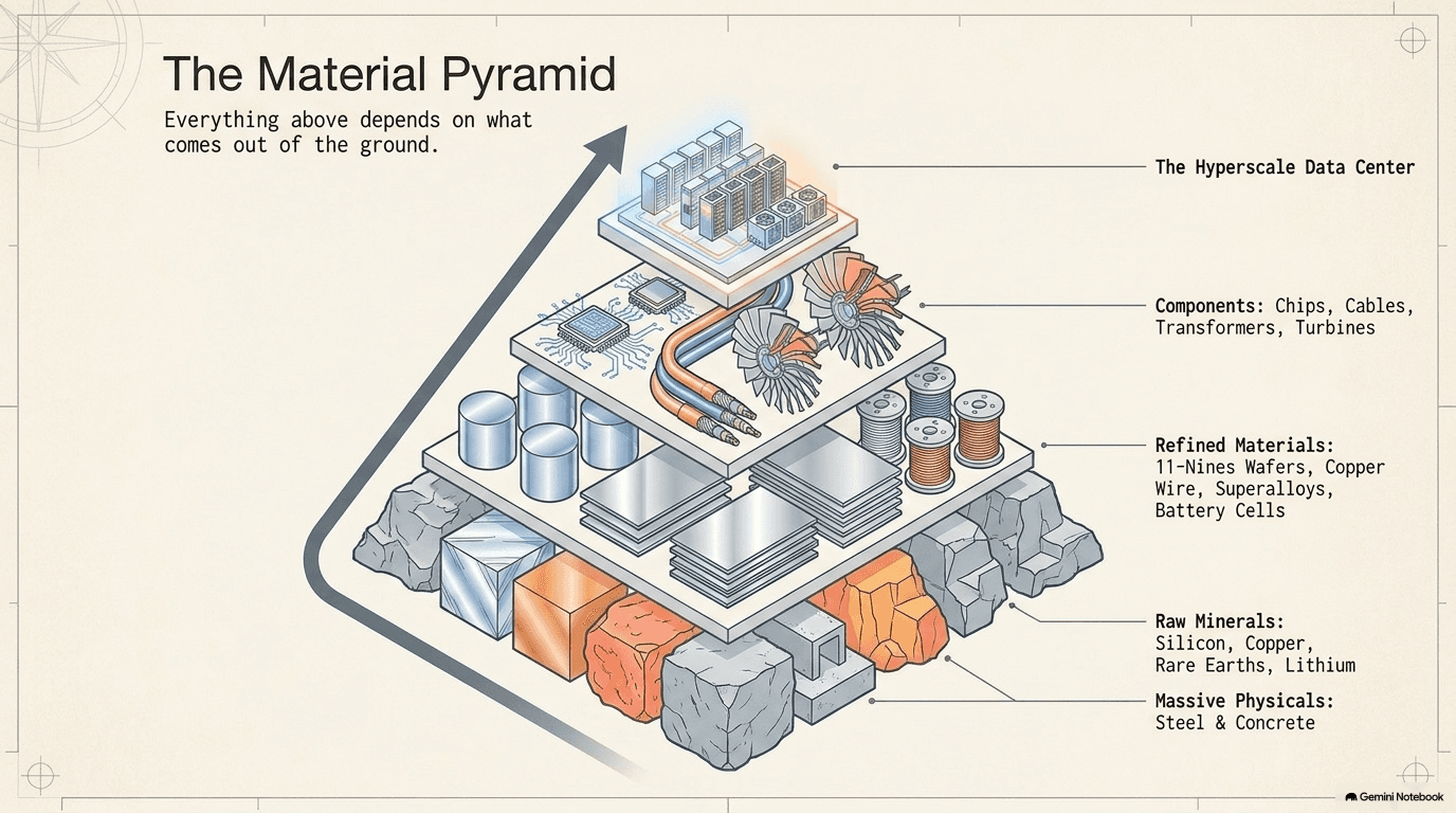 Five-layer material pyramid with massive physicals of steel and concrete at the base, raw minerals including silicon copper rare earths and lithium on the next level, refined materials like eleven-nines wafers copper wire superalloys and battery cells above that, then components including chips cables transformers and turbines, and a hyperscale data center at the top with a glowing arrow pointing upward