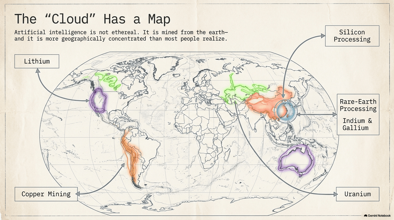 World map titled The Cloud Has a Map showing the geographic concentration of key materials for AI infrastructure — lithium in South America, copper mining in Chile and Peru, silicon processing in East Asia, rare-earth processing and indium and gallium concentrated in China, and uranium in Australia and Kazakhstan