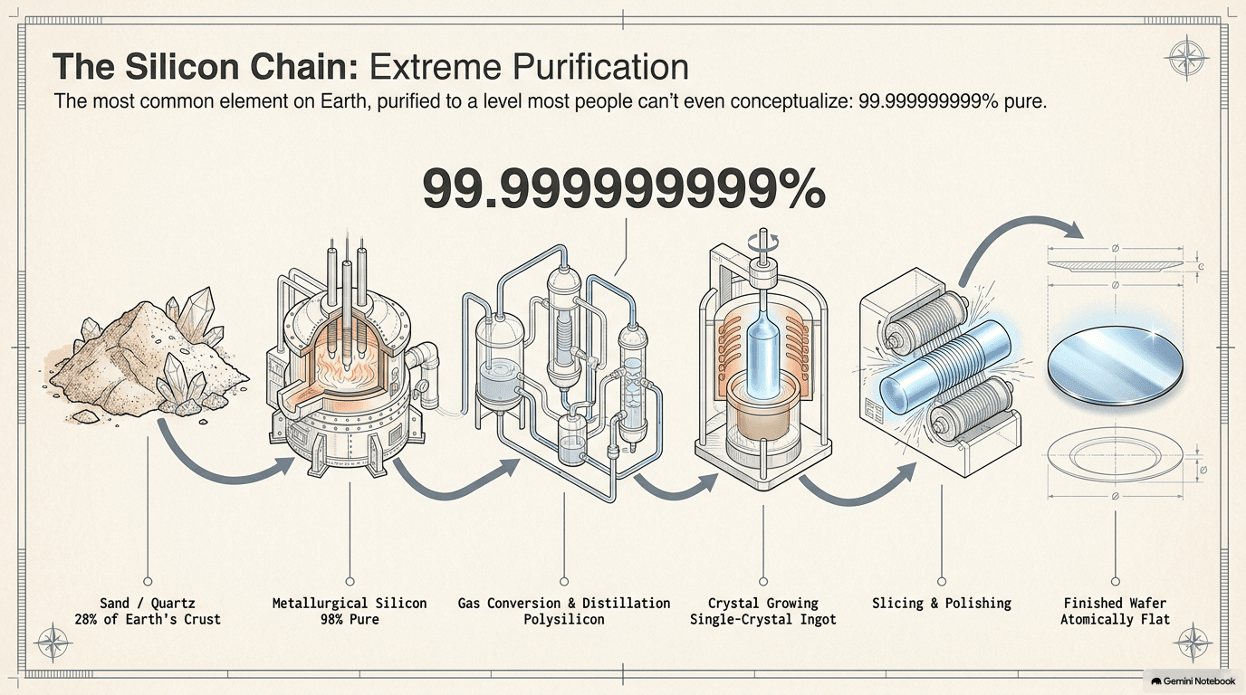 Six-stage silicon purification chain showing sand and quartz at 28% of Earth's crust entering an arc furnace to produce 98% pure metallurgical silicon, then gas conversion and distillation to polysilicon at 99.999999999% purity, then Czochralski crystal growing into a single-crystal ingot, then diamond-wire slicing and polishing, ending with a finished atomically flat wafer