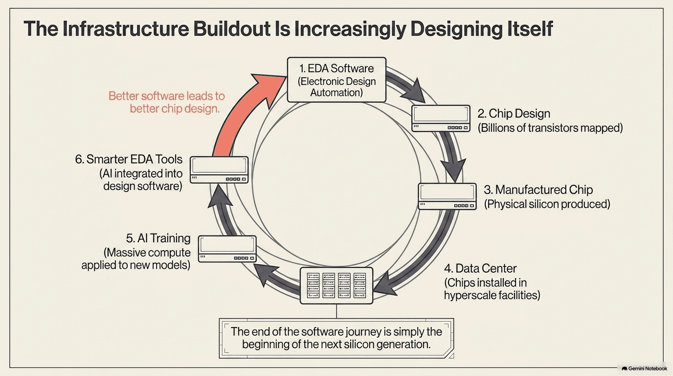 A circular loop with six stages connected by arrows: EDA software leads to chip design, which leads to manufactured chip, then data center, then AI training, then smarter EDA tools, which curves back to EDA software at the top, with a red arrow highlighting the feedback from better software to better chip design