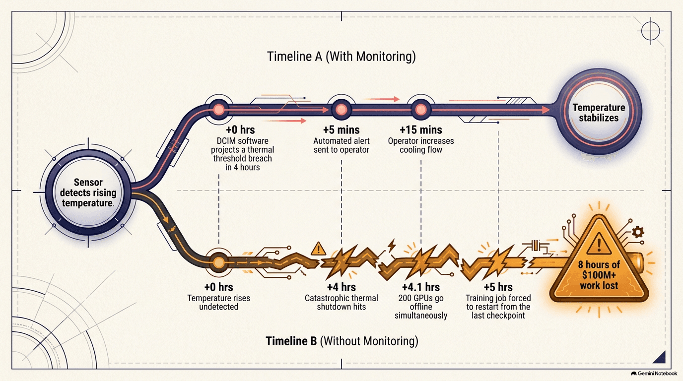 Two parallel timelines diverging from a sensor detecting rising temperature: Timeline A with monitoring shows DCIM projecting a thermal breach, sending an alert, and the operator stabilizing temperature within 15 minutes; Timeline B without monitoring shows temperature rising undetected for 4 hours until catastrophic thermal shutdown takes 200 GPUs offline and loses 8 hours of work