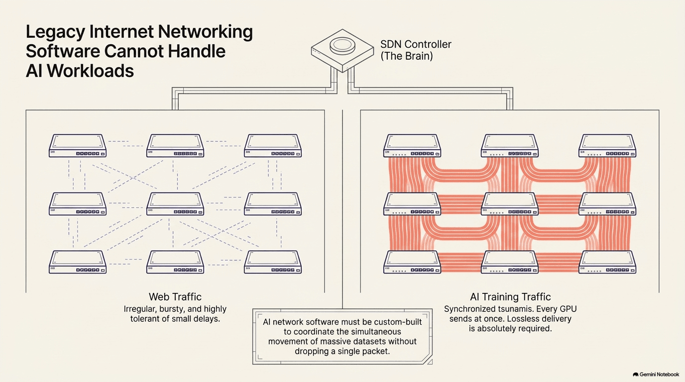 An SDN controller at the top connected to two groups of switches below: on the left, web traffic shown as irregular dashed lines between switches representing bursty and delay-tolerant flows; on the right, AI training traffic shown as dense synchronized red lines between switches representing lossless simultaneous data movement