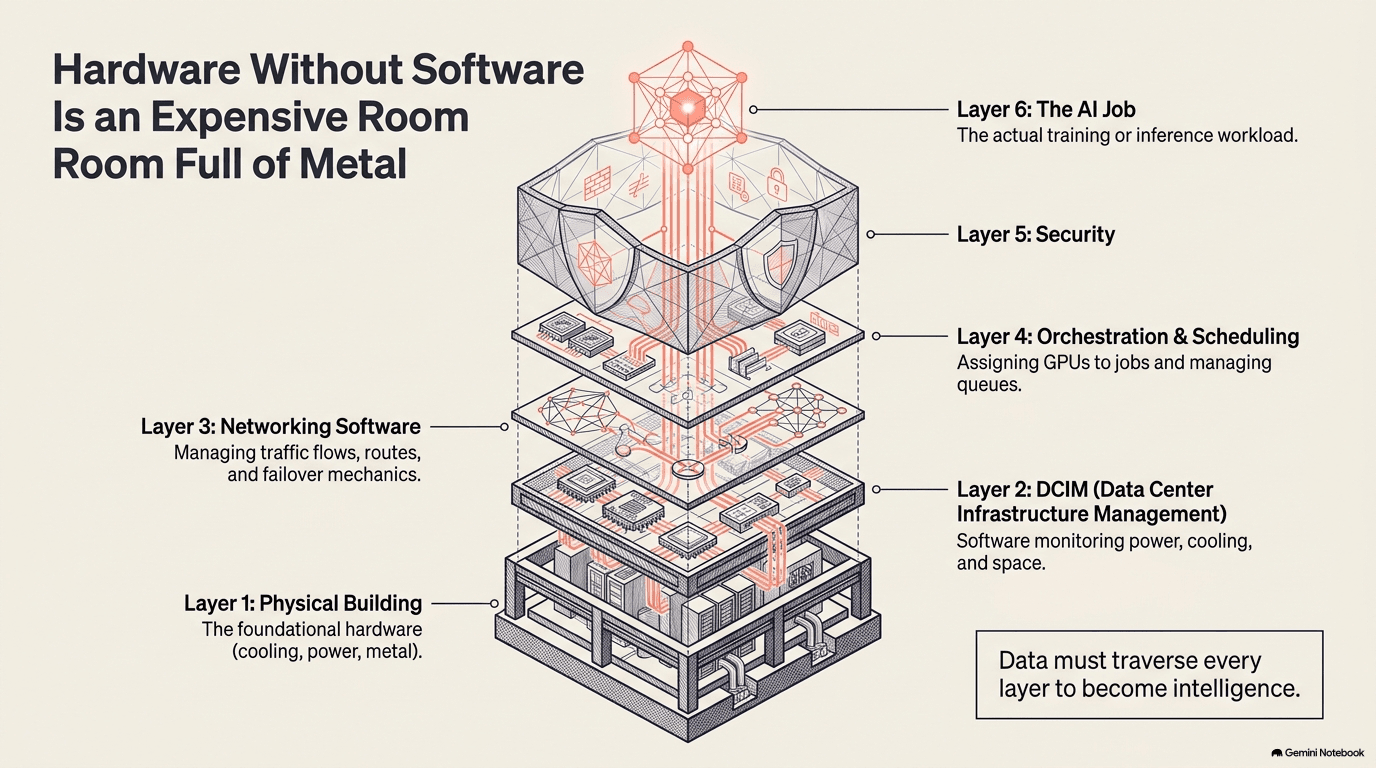 Isometric exploded view of six software layers stacked vertically: the physical building at the bottom, then DCIM and monitoring, networking software, orchestration and scheduling, security, and the AI job at the top, with annotations describing each layer's role