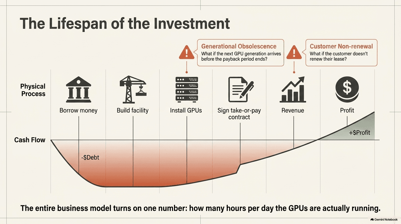 Timeline showing the lifespan of an AI data center investment as a cash flow curve: borrow money from a bank, build the facility with a crane, install GPUs in server racks, sign a take-or-pay contract, then revenue grows and eventually turns to profit, with two warning markers for generational obsolescence asking what if the next GPU generation arrives before the payback period ends and customer non-renewal asking what if the customer does not renew their lease