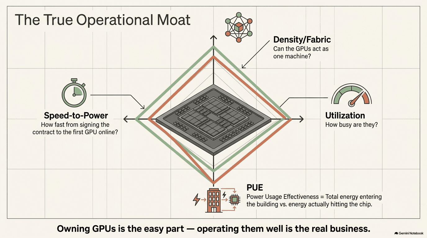 Diamond-shaped radar chart showing the four dimensions of operator quality: density and fabric at the top asking can the GPUs act as one machine, utilization on the right asking how busy are they, PUE at the bottom showing power usage effectiveness as total energy entering the building versus energy actually hitting the chip, and speed-to-power on the left asking how fast from signing the contract to the first GPU online