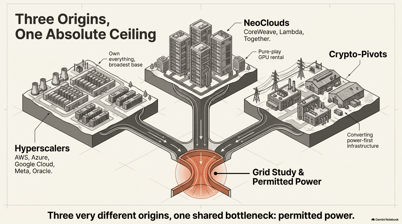 Isometric illustration showing three tiers of AI compute operators converging on a shared bottleneck of grid study and permitted power: hyperscalers on the left with broad campus infrastructure labeled AWS Azure Google Cloud Meta Oracle, NeoClouds in the center as tall server towers labeled CoreWeave Lambda Together with pure-play GPU rental, and crypto-pivots on the right showing industrial mining facilities converting power-first infrastructure