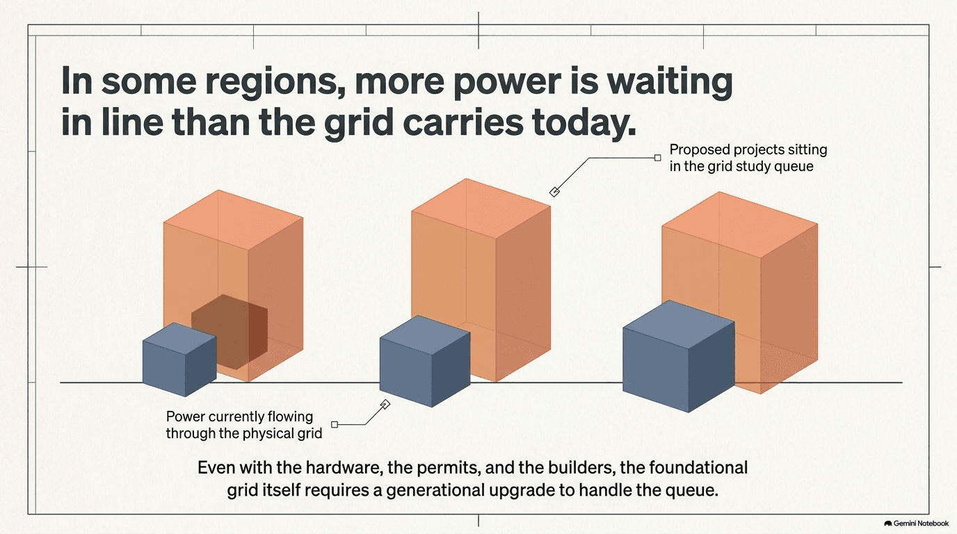 Three pairs of blocks for different US grid regions, each pair showing a small dark block representing power currently flowing through the physical grid dwarfed by a larger translucent orange block representing proposed projects sitting in the grid study queue, illustrating that in some regions more power is waiting in line than the grid carries today