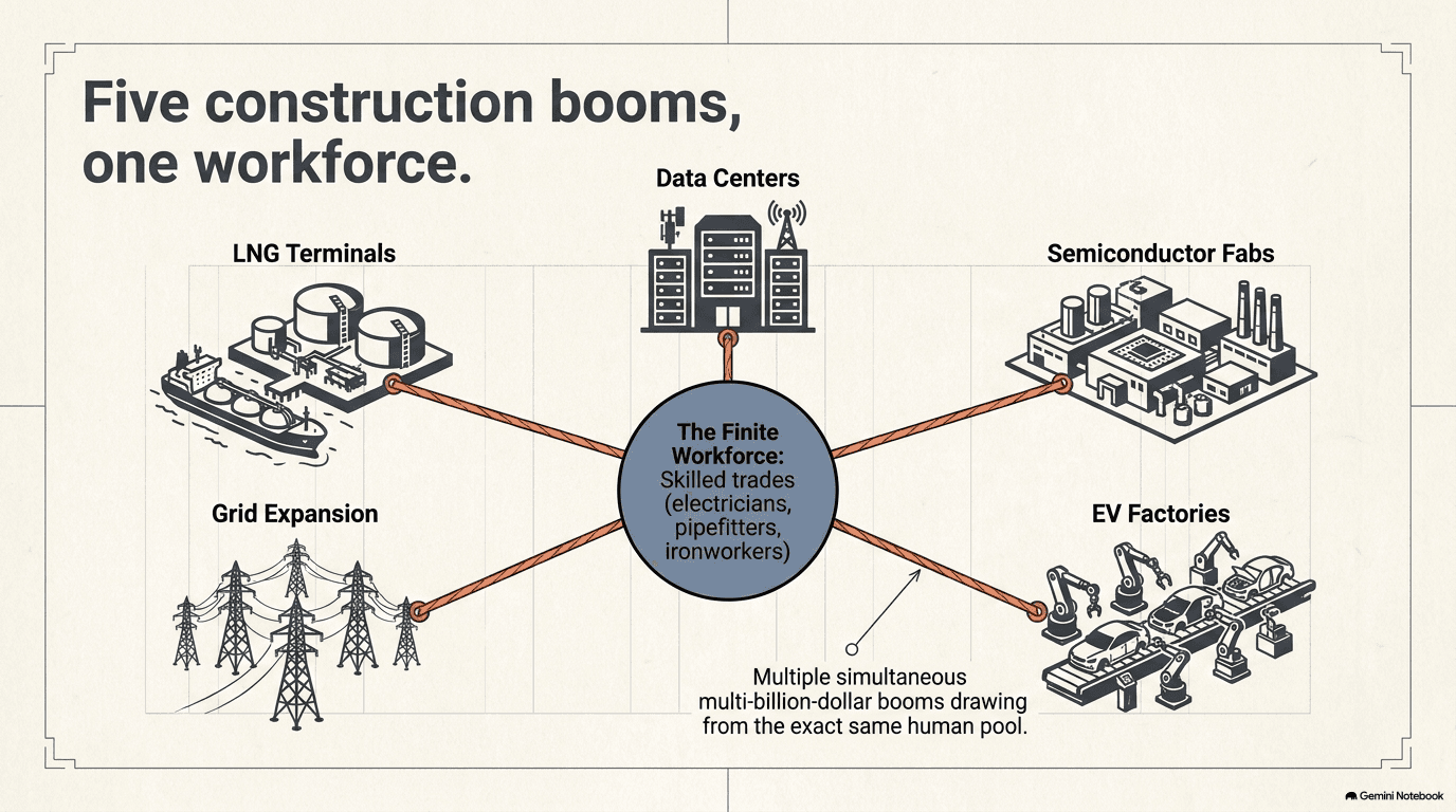 Hub-and-spoke diagram with a central circle labeled The Finite Workforce showing skilled trades including electricians pipefitters and ironworkers, with five construction booms radiating outward: data centers, semiconductor fabs, LNG terminals, grid expansion, and EV factories, all drawing from the same human pool