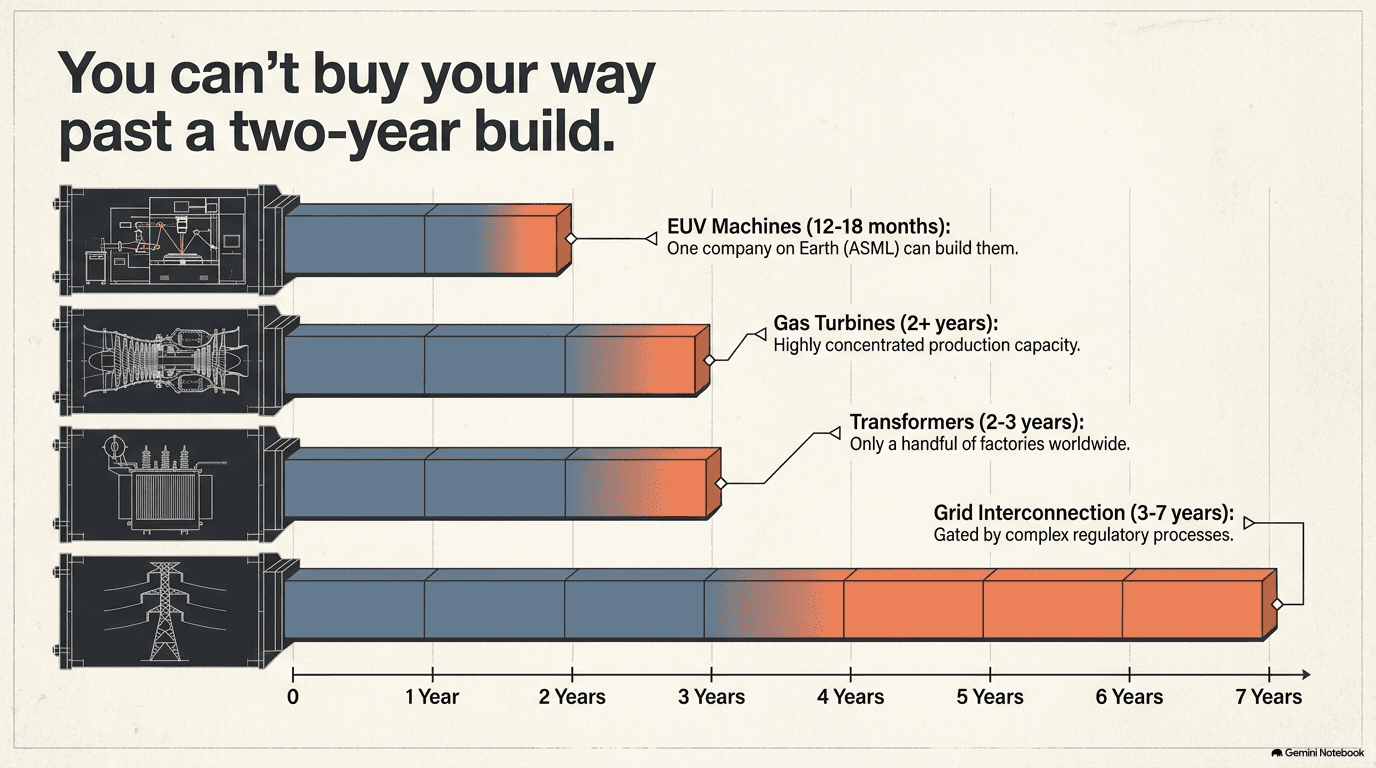 Horizontal bar chart showing the four bottlenecks of the AI buildout by lead time: EUV machines at twelve to eighteen months from one company ASML, gas turbines at two-plus years with concentrated production, large power transformers at two to three years from a handful of factories worldwide, and grid interconnection at three to seven years gated by regulatory processes