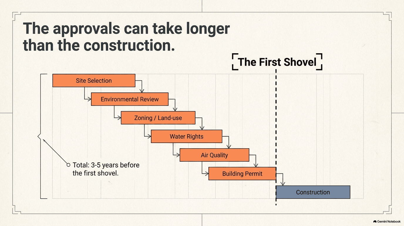 Cascading Gantt chart showing overlapping but sequential approval steps before data center construction can begin: site selection flows into environmental review then zoning and land-use then water rights then air quality then building permit, with a dashed line marking the first shovel and construction beginning only after all approvals complete, totaling three to five years