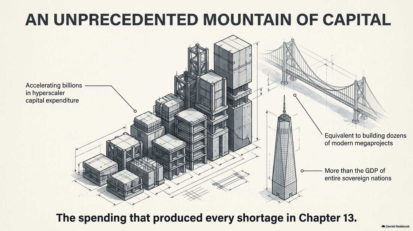 Isometric illustration titled An Unprecedented Mountain of Capital showing rising blocks of hyperscaler capital expenditure dwarfing a skyscraper and suspension bridge, with callouts noting the spending exceeds the GDP of entire sovereign nations and equals dozens of modern megaprojects