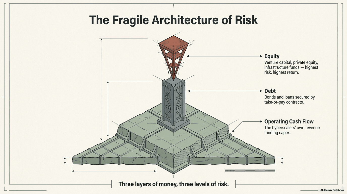 Layered architectural diagram titled The Fragile Architecture of Risk showing three stacked tiers: a broad stone foundation labeled Operating Cash Flow from hyperscalers, a middle steel column labeled Debt from bonds and loans secured by take-or-pay contracts, and a small inverted pyramid at the top labeled Equity from venture capital and private equity with highest risk and highest return