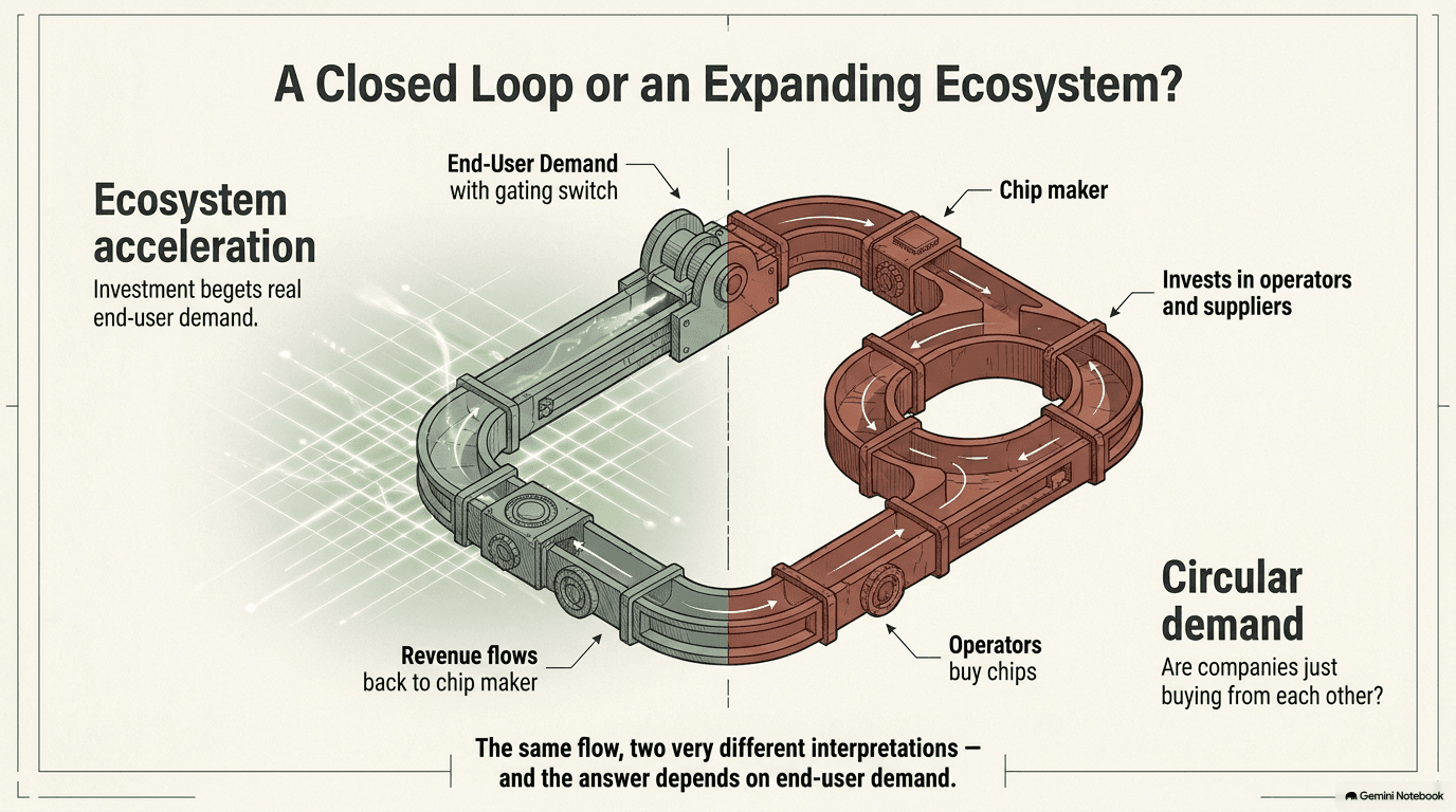 Flow diagram titled A Closed Loop or an Expanding Ecosystem showing a circular path where a chip maker invests in operators and suppliers, operators buy chips, and revenue flows back to the chip maker, with end-user demand shown as a gating switch at the top and two labeled readings: ecosystem acceleration on the left and circular demand on the right