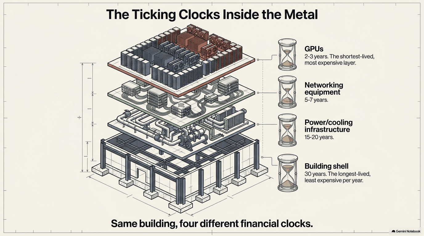 Exploded isometric view titled The Ticking Clocks Inside the Metal showing four stacked layers of a data center with hourglasses indicating their lifespans: building shell at the bottom lasting 30 years, power and cooling infrastructure lasting 15 to 20 years, networking equipment lasting 5 to 7 years, and GPUs at the top lasting only 2 to 3 years