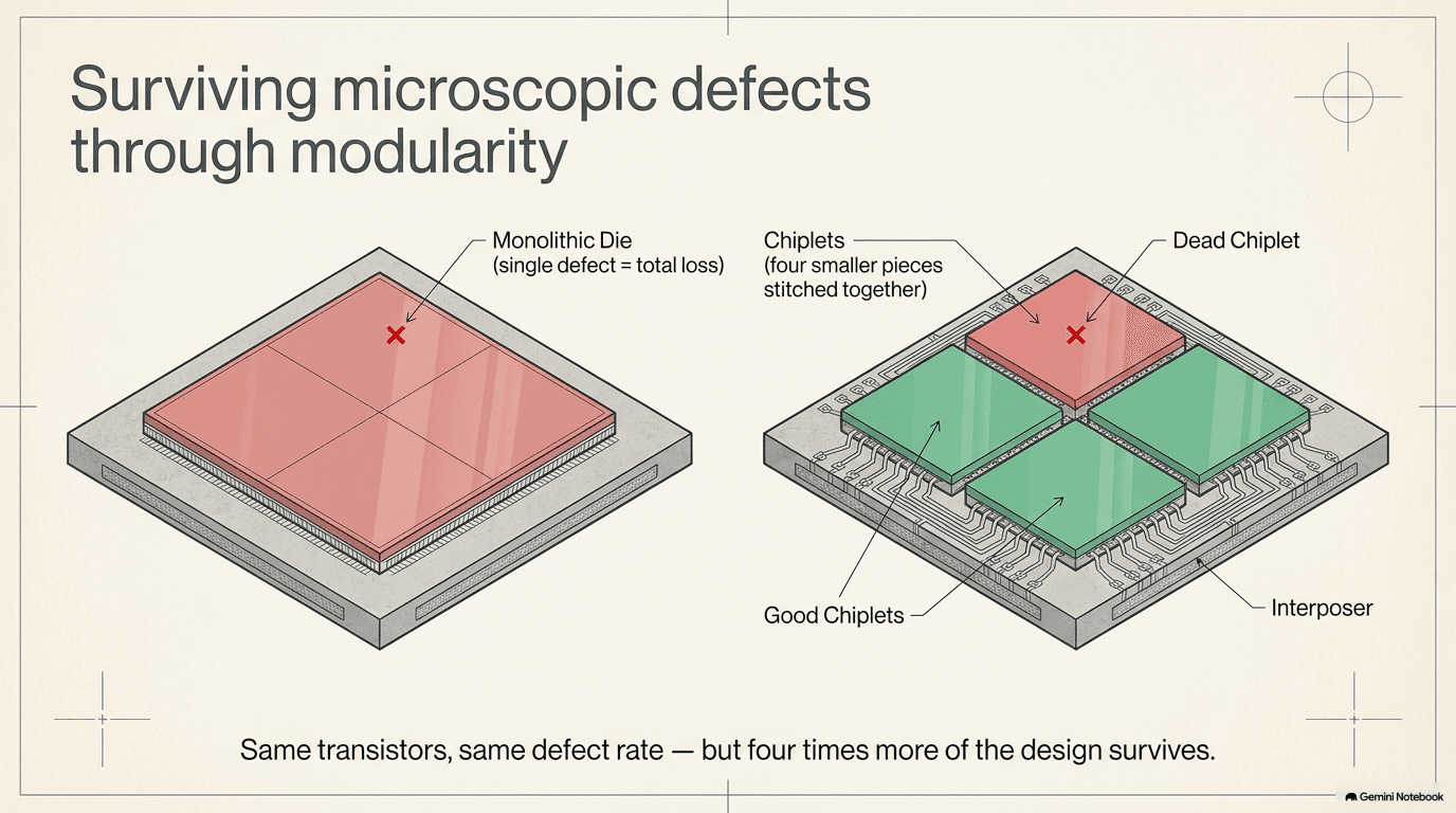 Chiplets vs monolithic — a single defect kills a monolithic die, but only one quarter of a chiplet design