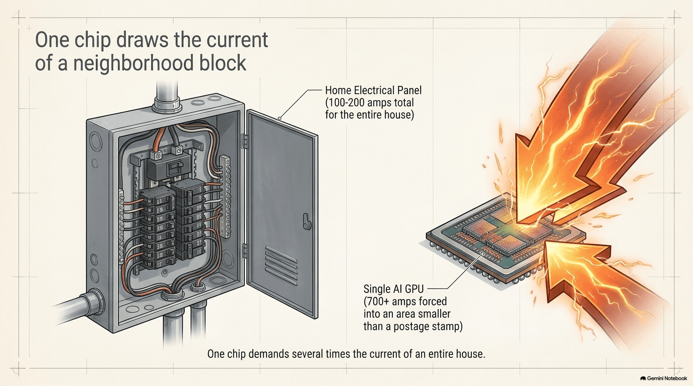 The current problem — a home electrical panel rated for 100-200 amps total versus a single AI GPU drawing 700+ amps into a fingernail-sized area