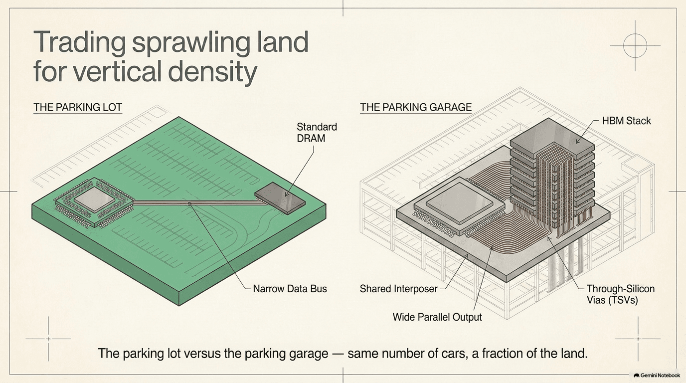DRAM vs HBM — a flat parking-lot chip with a narrow data bus versus a stacked parking-garage with thousands of through-silicon vias