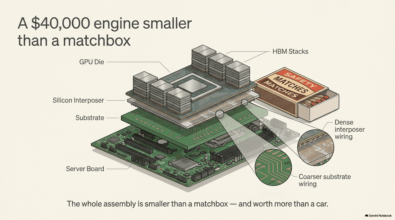 Exploded view of a CoWoS package — GPU die and HBM stacks on a silicon interposer, on a substrate, on the server board