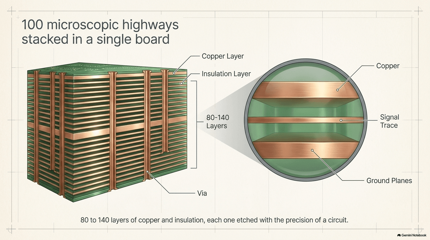 Cross-section of an AI server motherboard showing 80 to 140 alternating copper and insulation layers with vias connecting them