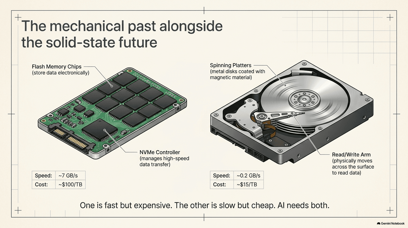 SSD vs HDD cutaway — a solid-state drive with flash memory chips alongside a hard drive with spinning platters and a read-write arm