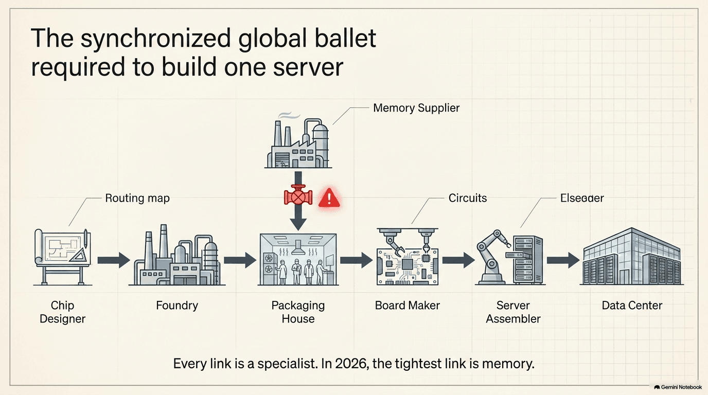 The server supply chain — chip designer to foundry to packaging house to board maker to server assembler to data center, with a memory bottleneck at packaging