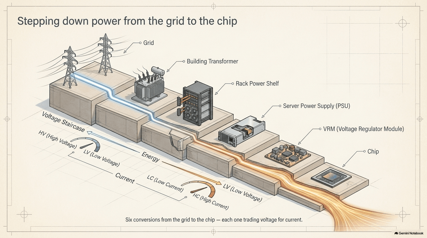 The voltage staircase — power stepping down from the grid through building transformer, rack power shelf, server PSU, VRM, to the chip at roughly one volt