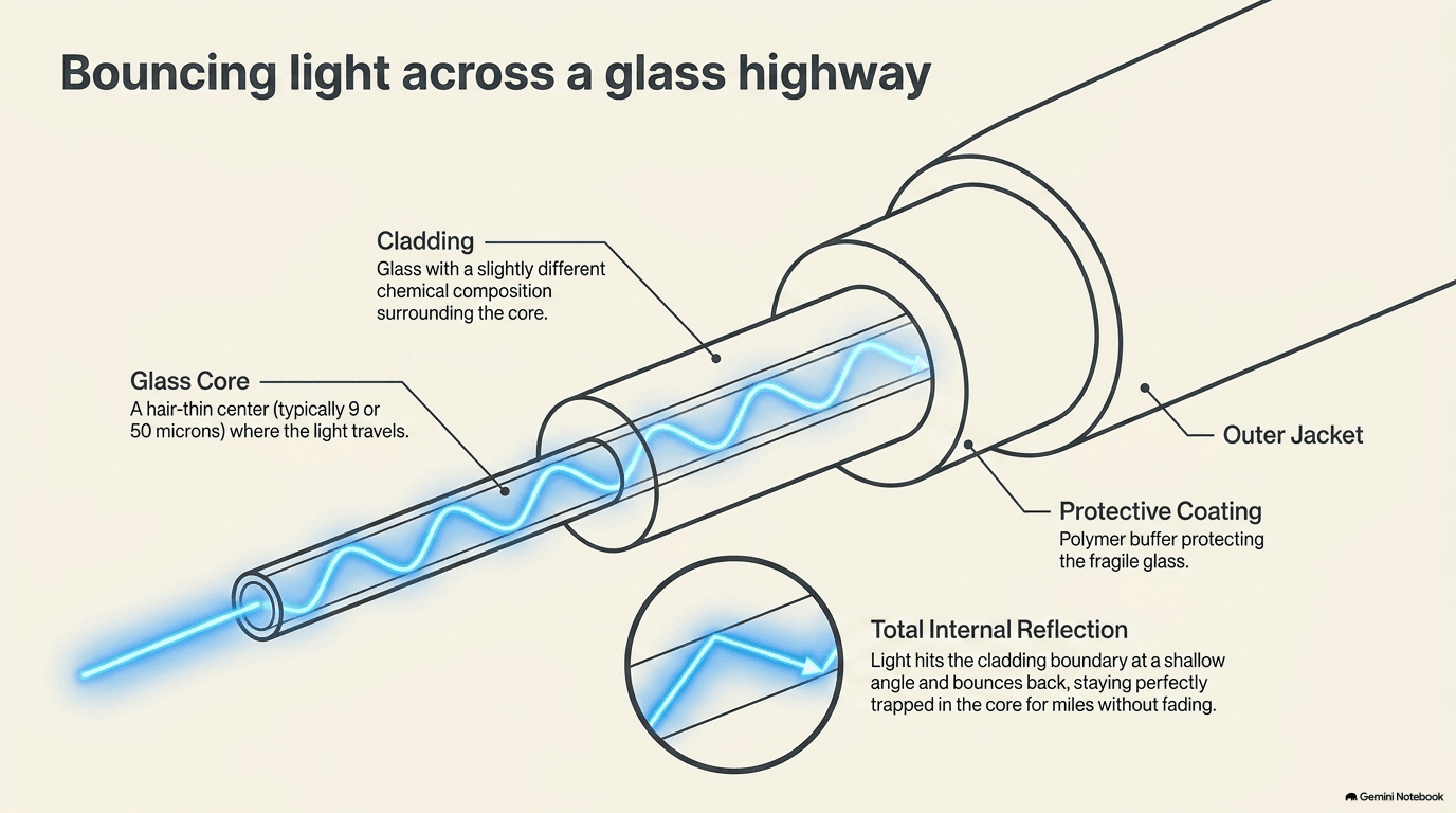 Cross-section of a fiber optic cable showing four layers — a hair-thin glass core where light travels, cladding with a slightly different chemical composition surrounding the core, a protective polymer coating, and an outer jacket — with an inset illustrating total internal reflection as light bounces along the core without escaping