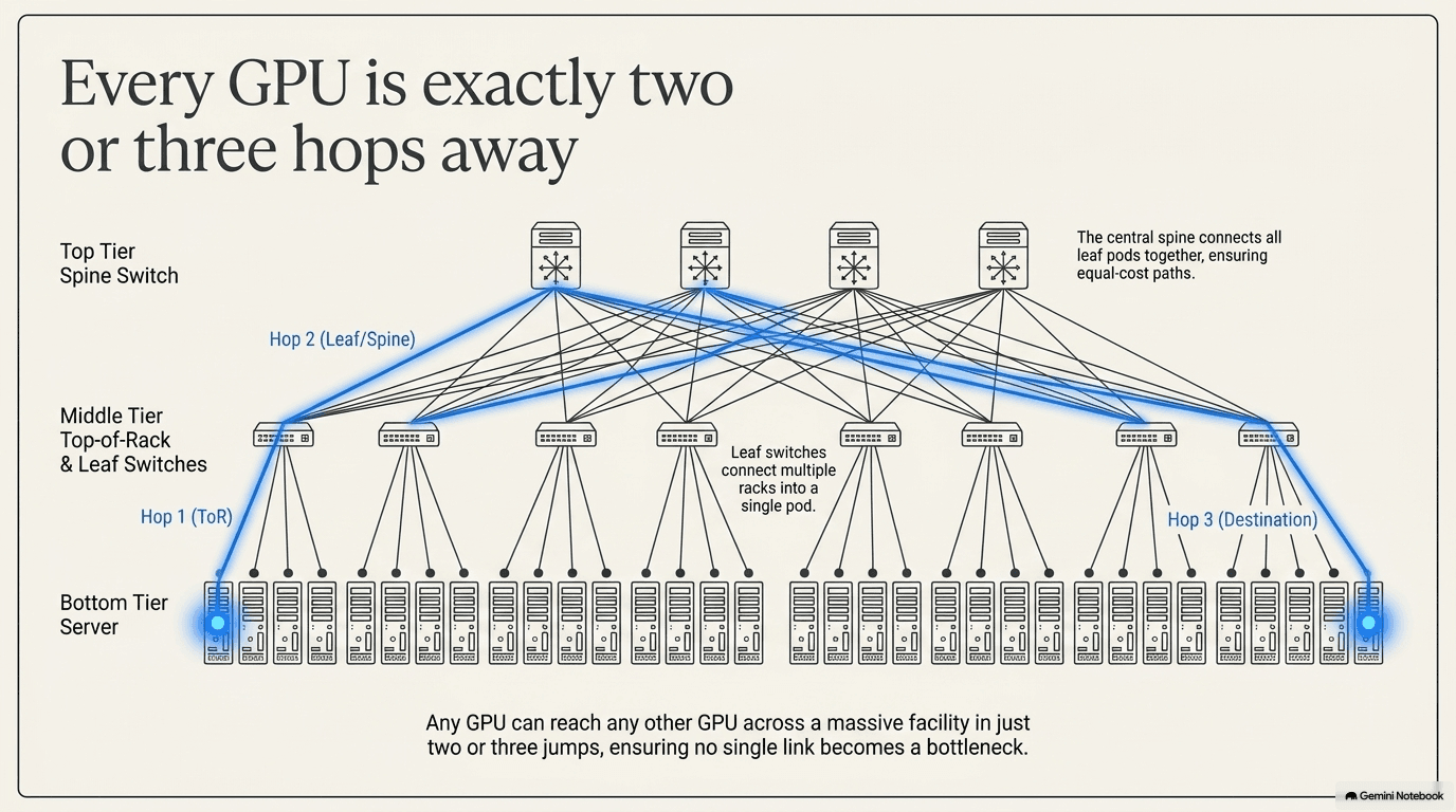 Leaf-spine network topology with servers at the bottom tier, top-of-rack leaf switches in the middle tier, and spine switches at the top tier, with a highlighted path tracing three hops from a server on the far left to a server on the far right