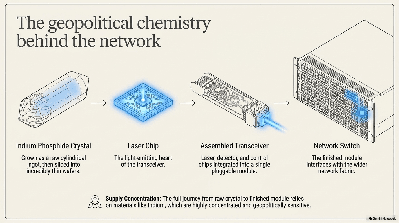 The optical supply chain in four steps: indium phosphide crystal grown as a raw cylindrical ingot, sliced into a laser chip, assembled with detector and control chips into a pluggable transceiver module, and finally plugged into a network switch, with a note about geopolitical supply concentration