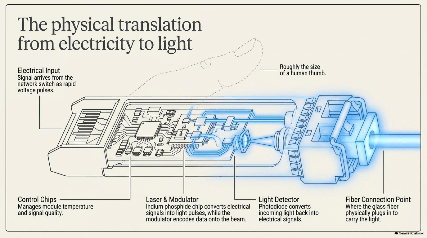 Cutaway of a thumb-sized optical transceiver module showing the electrical input, control chips managing temperature and signal quality, a laser and modulator converting electrical signals into light pulses, a light detector for incoming signals, and the fiber connection point where the glass fiber plugs in