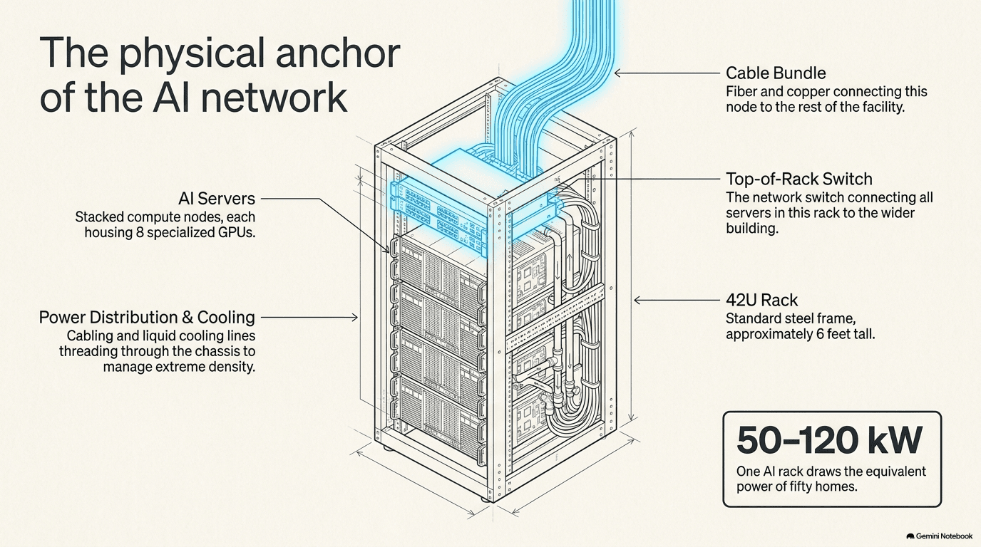 Inside a populated 42U rack showing stacked AI servers with eight GPUs each, a top-of-rack network switch, cable bundles running upward to the facility, and power distribution and liquid cooling lines threading through the chassis