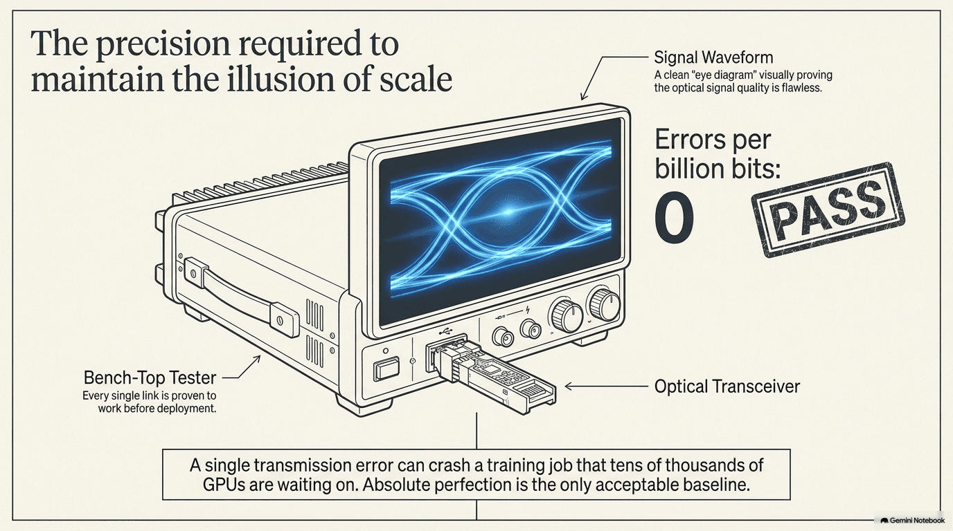 A bench-top network tester with an eye diagram waveform on its display screen proving signal quality, an optical transceiver plugged in for testing, reading zero errors per billion bits with a PASS stamp
