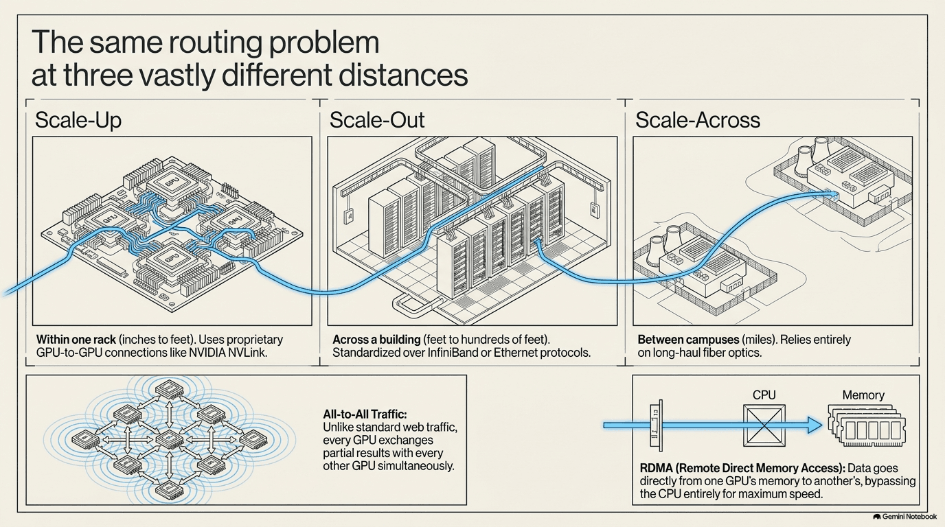 Three panels showing the three networking scales: Scale-Up with GPU-to-GPU connections inside one rack over inches, Scale-Out with racks wired across a building over hundreds of feet, and Scale-Across with data centers connected over miles, plus insets showing all-to-all traffic and RDMA bypassing the CPU