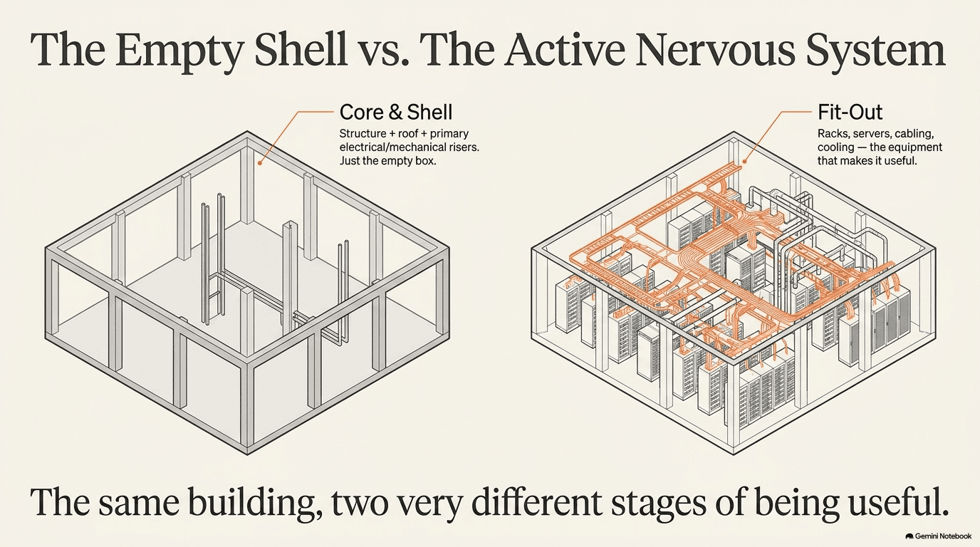 Side-by-side comparison of a data center as empty core and shell versus the same building with full fit-out — racks, servers, cabling, and cooling infrastructure highlighted in orange
