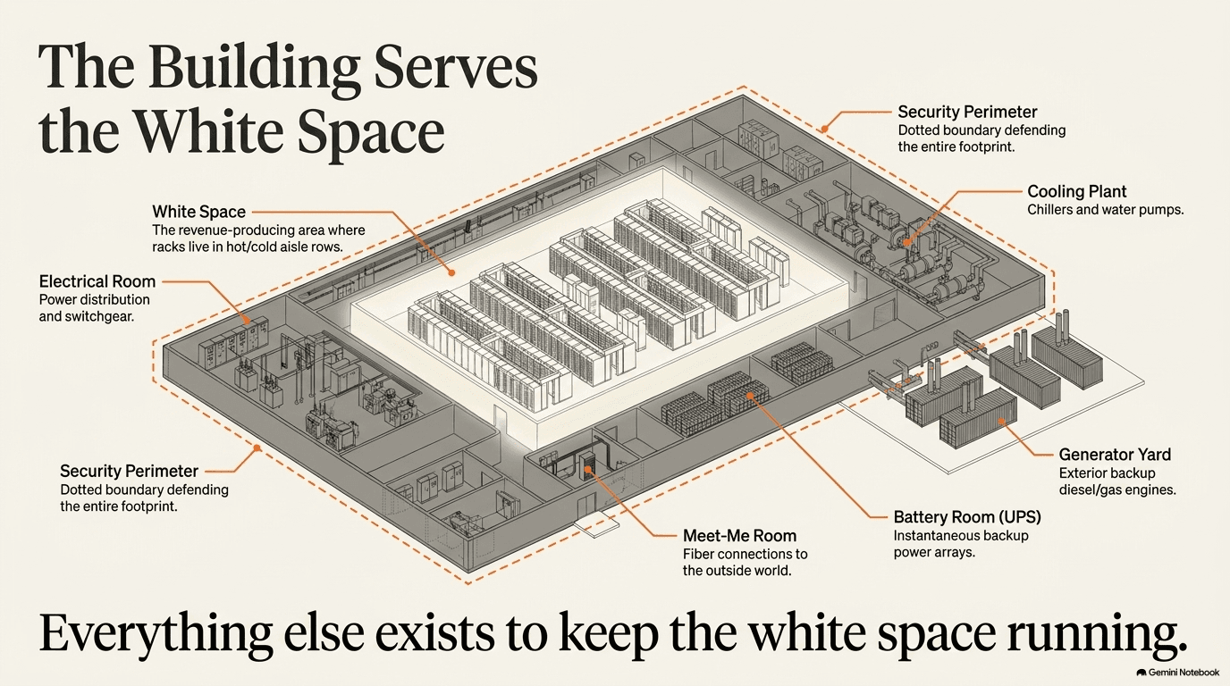 Isometric cutaway of a data center showing white space with server racks at center, surrounded by electrical room, cooling plant, generator yard, battery room, and meet-me room, all within a security perimeter