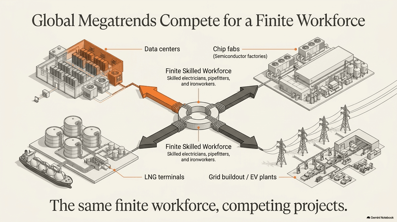 A finite pool of skilled electricians, pipefitters, and ironworkers at center with arrows pulling toward four competing demand sectors — data centers, chip fabs, LNG terminals, and grid buildout with EV plants