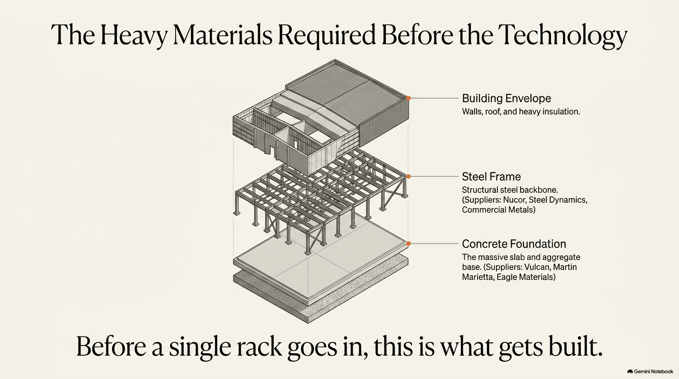 Exploded view of a data center shell showing three layers — building envelope on top, steel frame in the middle, and concrete foundation at the bottom — each labeled with supplier categories