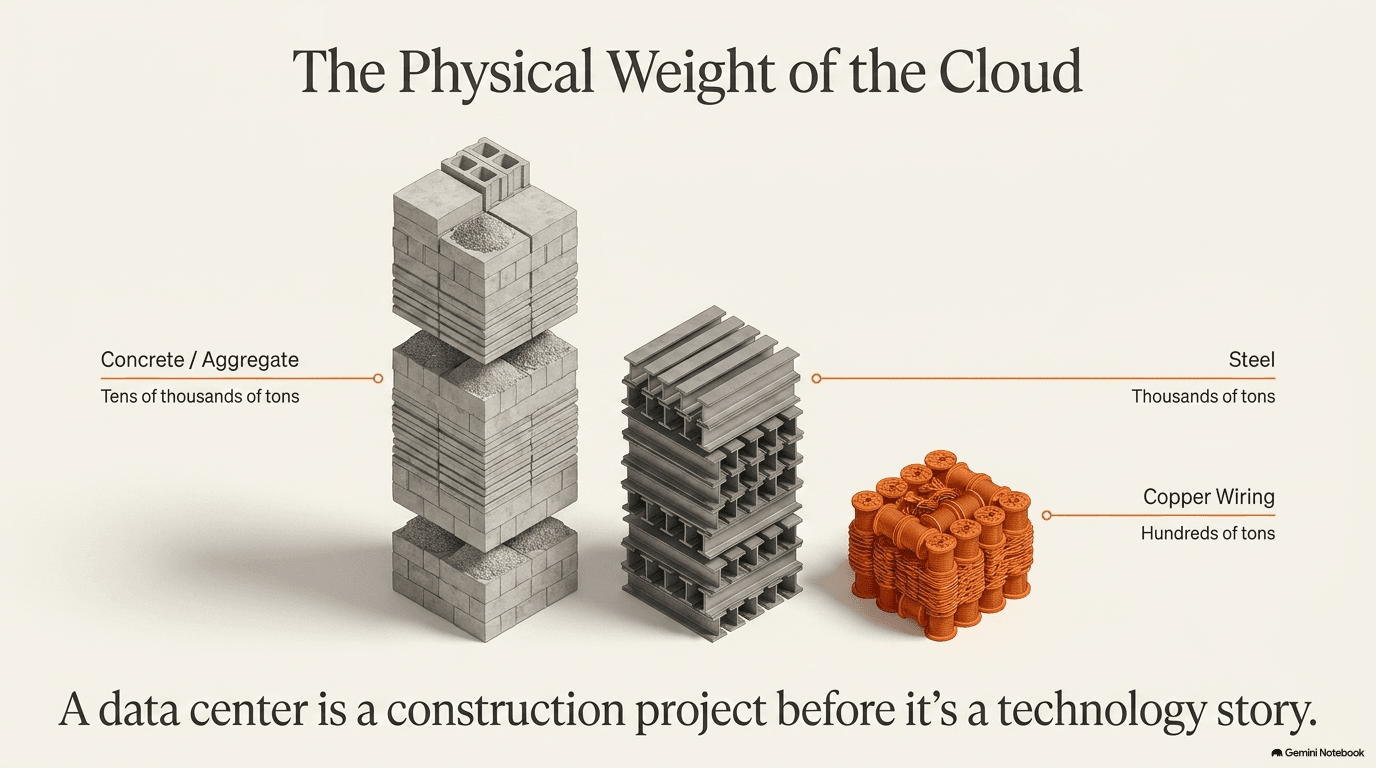 Three stacks comparing the physical weight of data center materials — concrete and aggregate in tens of thousands of tons, steel in thousands of tons, and copper wiring in hundreds of tons