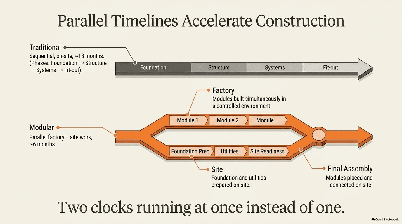 Traditional sequential construction timeline of roughly 18 months compared to modular construction at roughly 6 months — the modular approach shows factory module production running in parallel with on-site foundation work, converging at final assembly